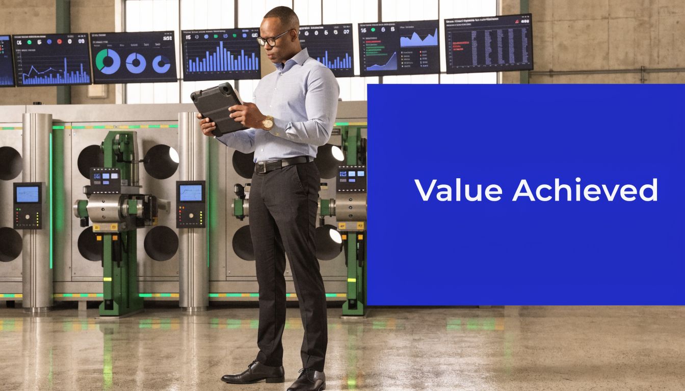 A professional man checking data on a tablet in a factory with digital dashboards in the background.