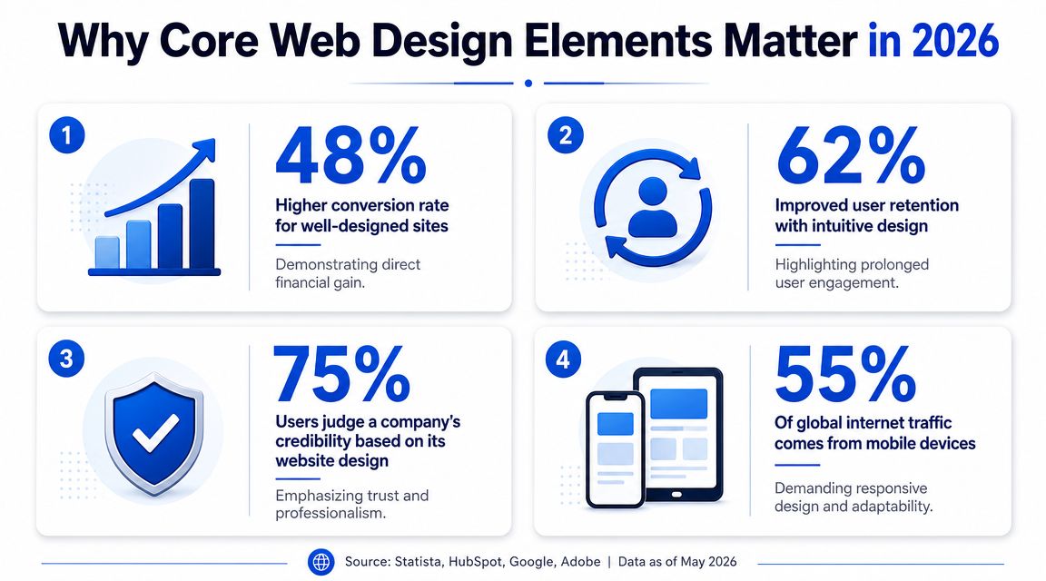 An infographic showing four key statistics explaining why effective web design is essential in 2026.