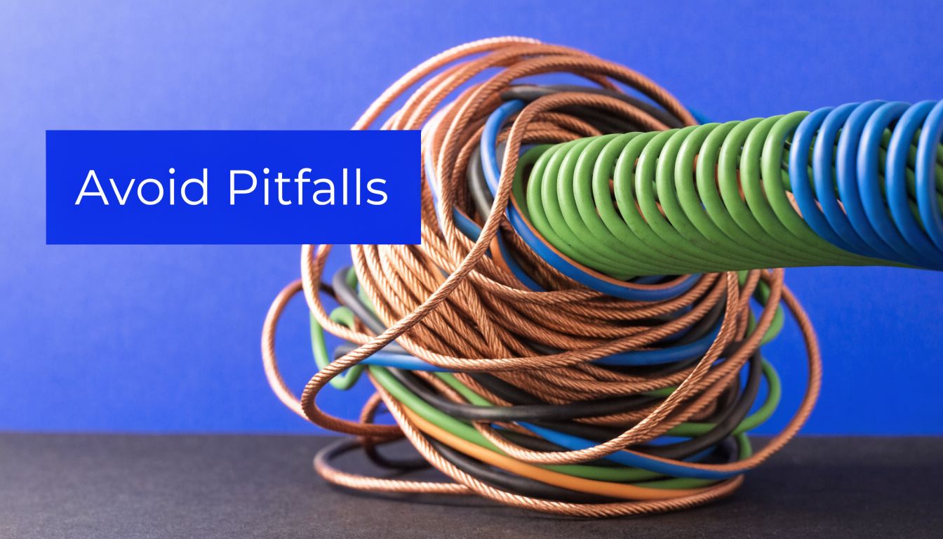 A tangled mess of colorful copper wires and insulated cables on a solid blue and black background.