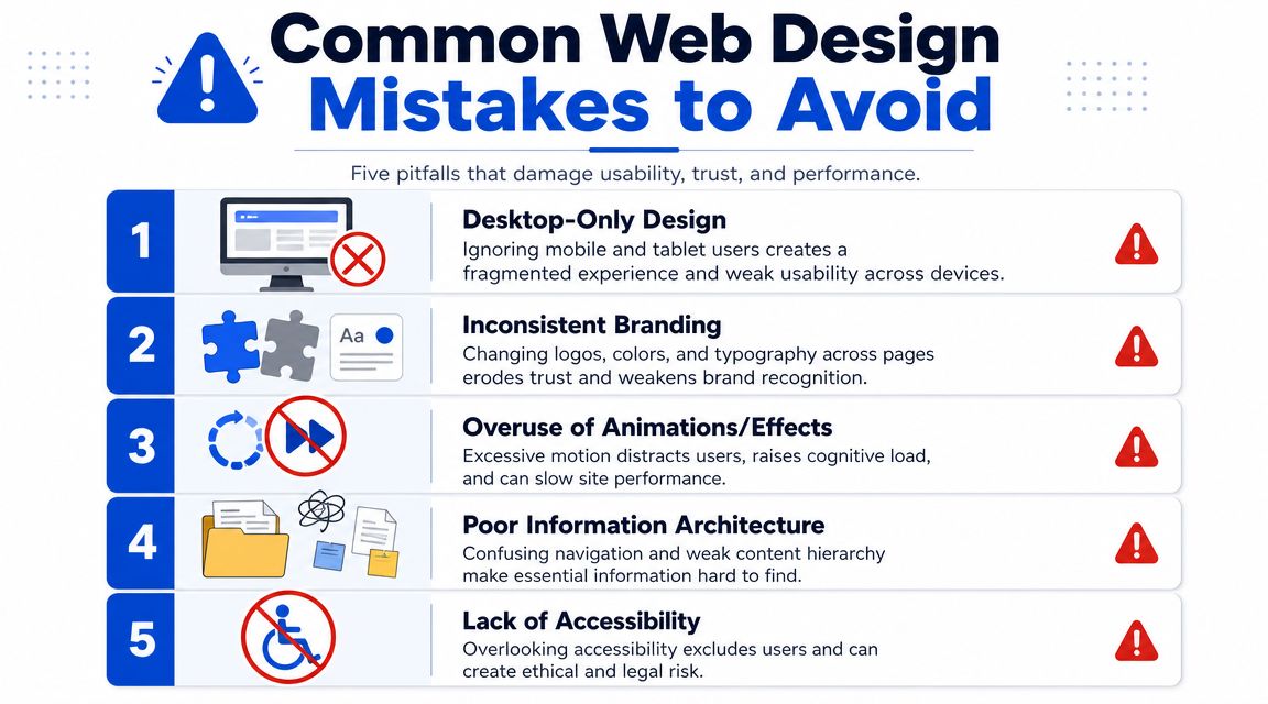 An infographic listing five common web design mistakes, including desktop-only design, inconsistent branding, and lack of accessibility.