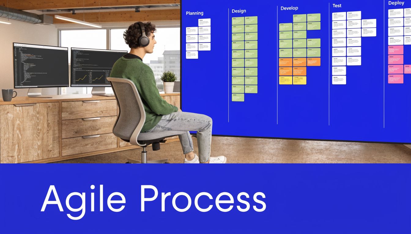 A software developer working at a desk with large monitors in front of an Agile process board.