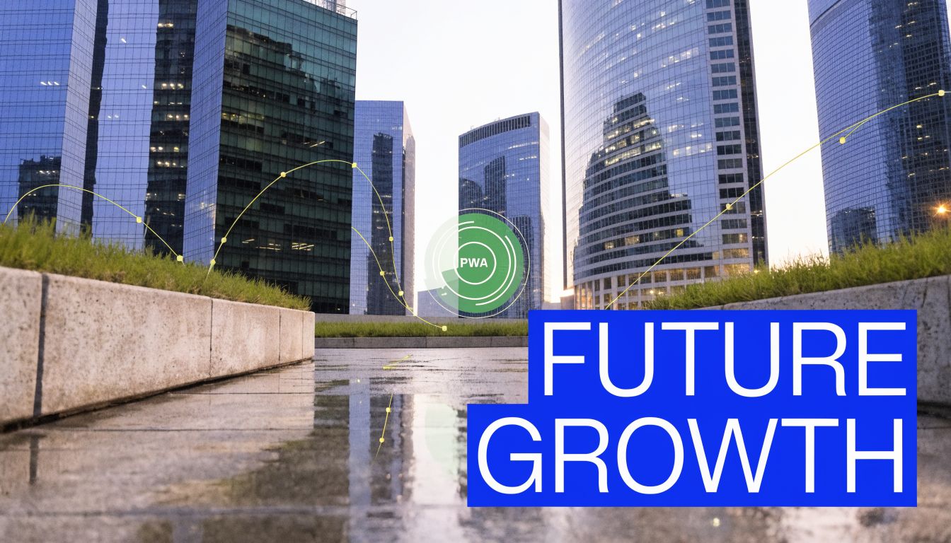 A modern cityscape background with a PWA logo and digital growth lines, signifying business future development.