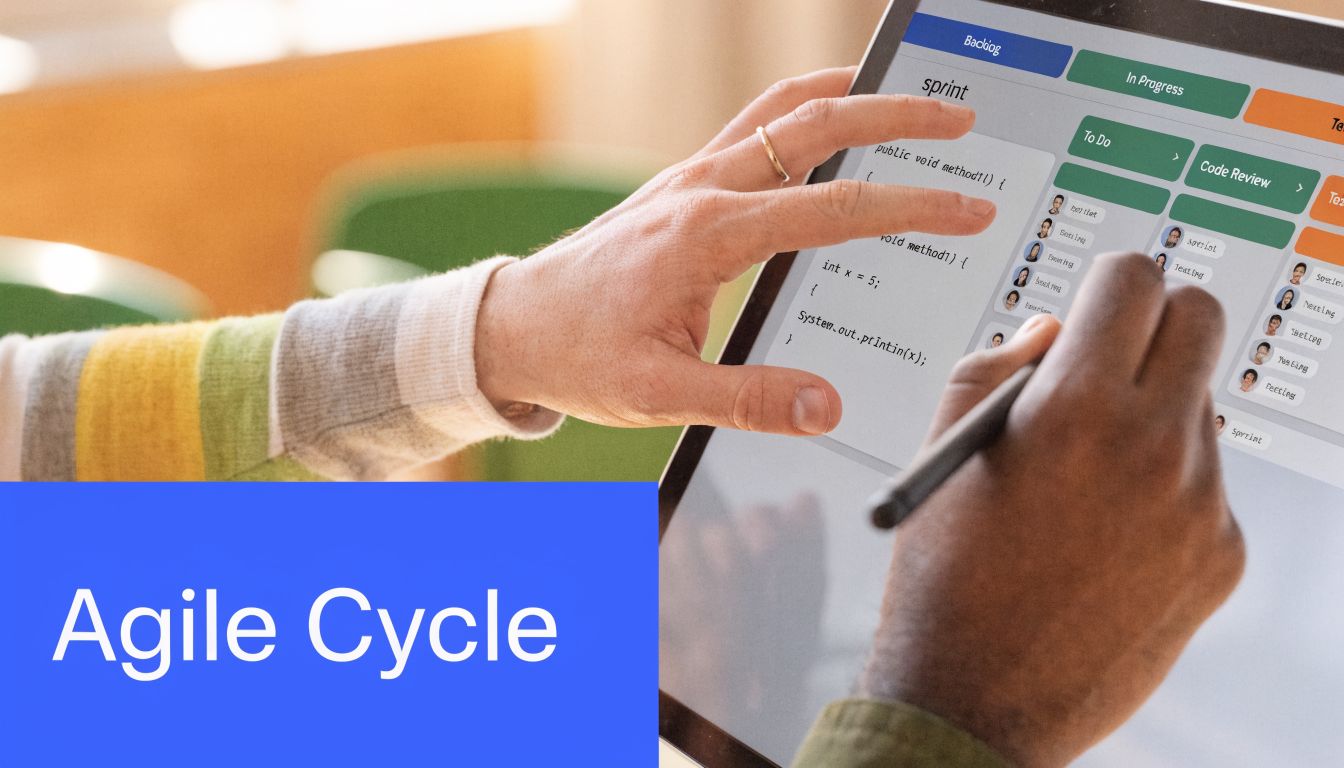 A professional developer using a stylus on a tablet to manage an agile project development cycle.