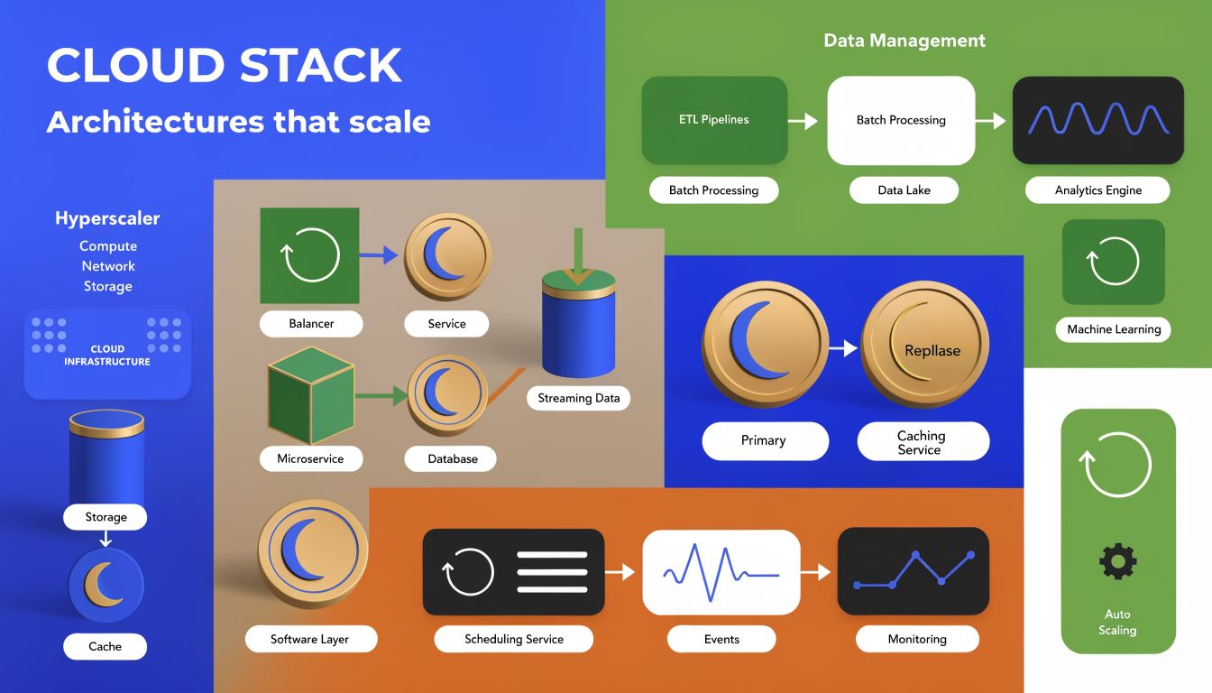 An infographic diagram illustrating the components and architecture of a scalable cloud computing stack architecture.
