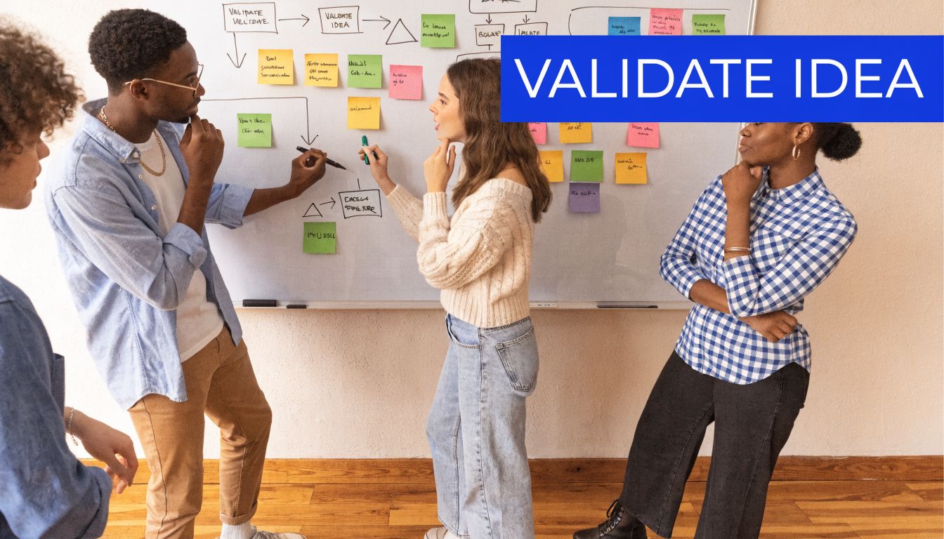 A diverse team of professionals collaborating on a project using colorful sticky notes on a whiteboard.