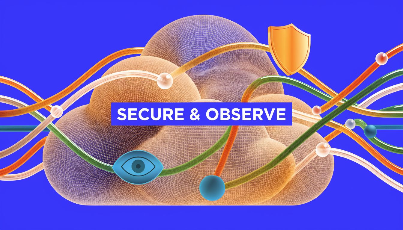 A 3D graphic showing a cloud shape with colorful data streams, a shield icon, and an eye symbol.