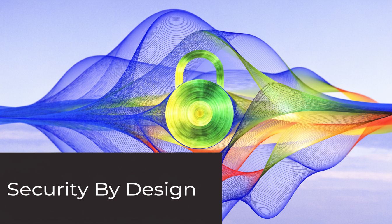 A digital graphic featuring a colorful abstract wave pattern and a green padlock representing security design.
