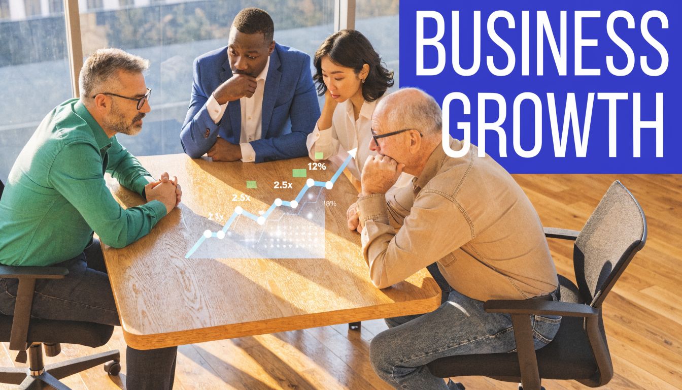 A diverse group of business professionals sitting at a table looking at a growth graph projection.