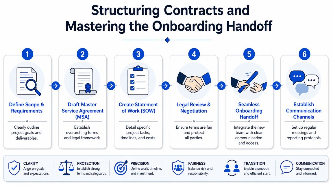 A six-step infographic detailing the process of structuring contracts and mastering the onboarding handoff for outsourcing projects.