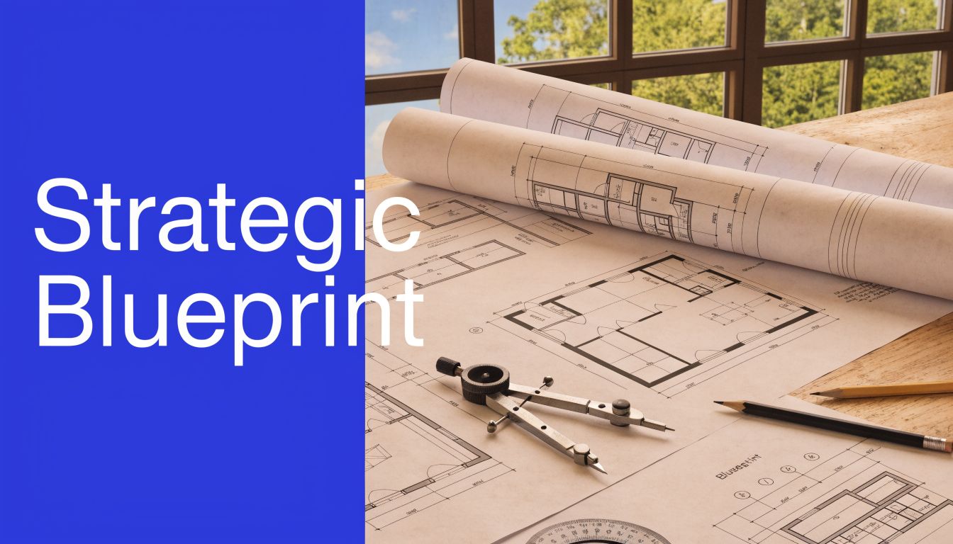 A professional desk featuring architectural blueprints, a drafting compass, and pencils for strategic planning projects.