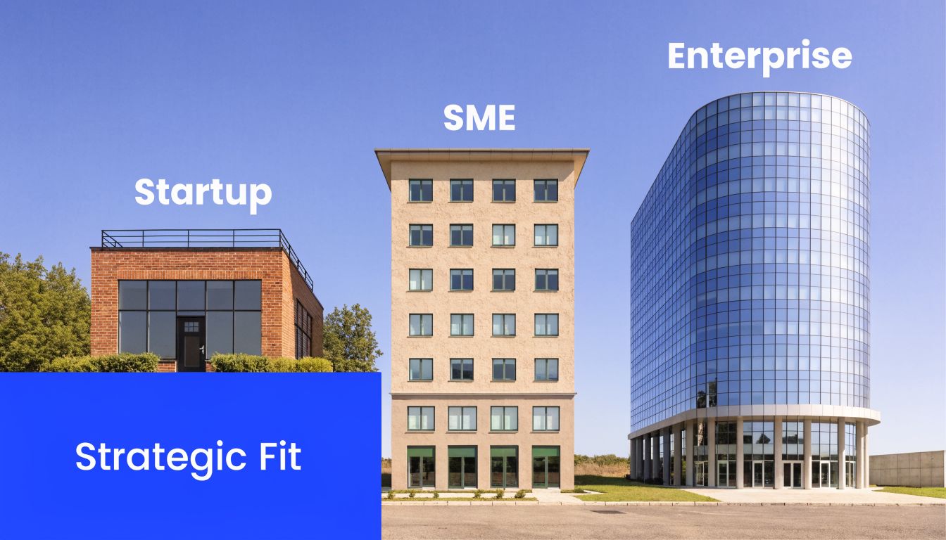 A visual comparison showing a brick building for startups, a mid-sized apartment building for SMEs, and a glass tower for enterprises.