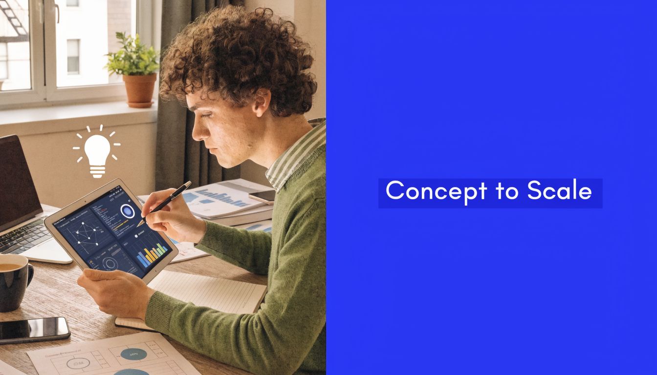 A young man with curly hair working on a digital tablet to analyze business data and metrics.