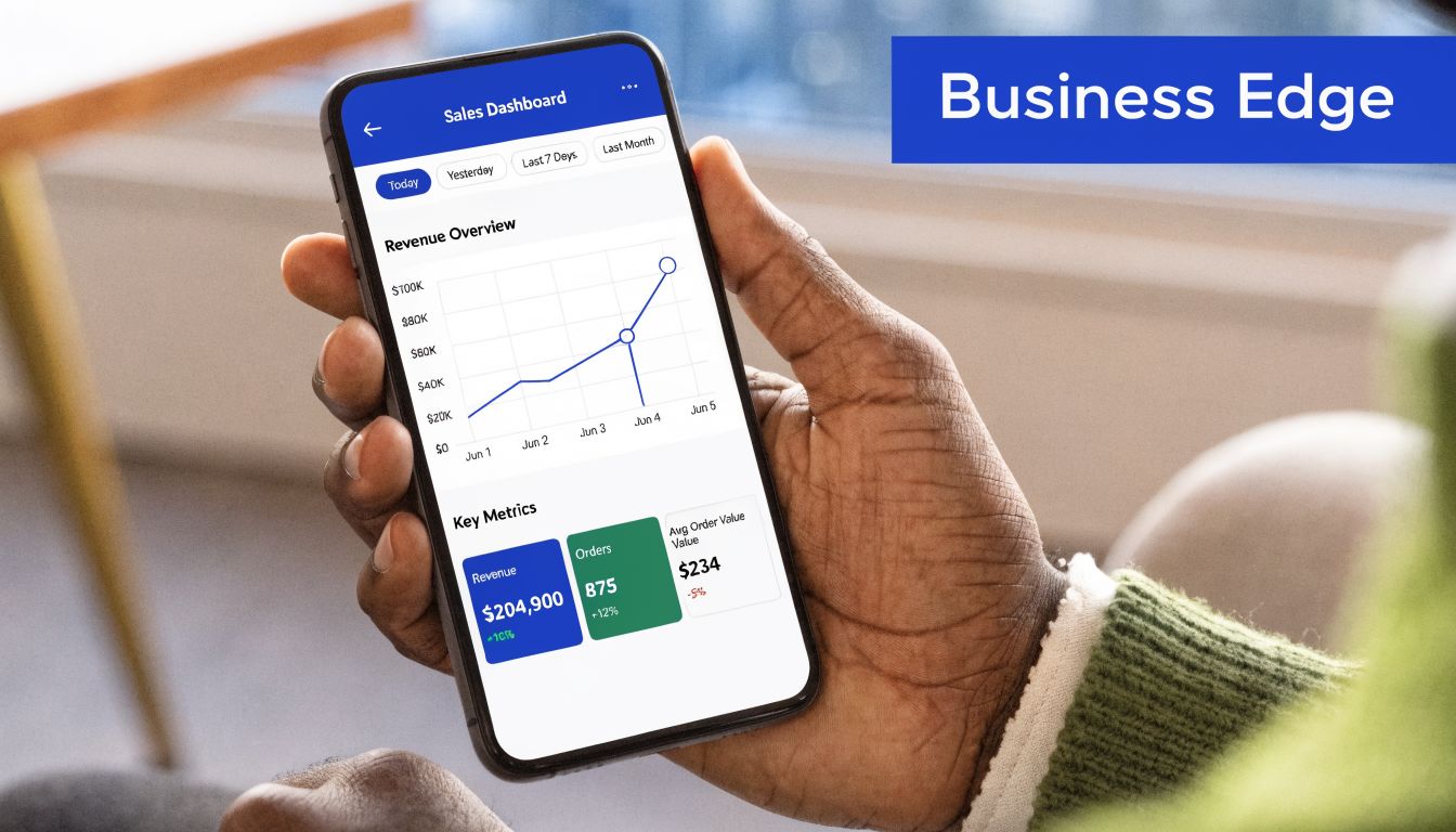 A person holding a smartphone displaying a business sales dashboard app for monitoring revenue and performance metrics.