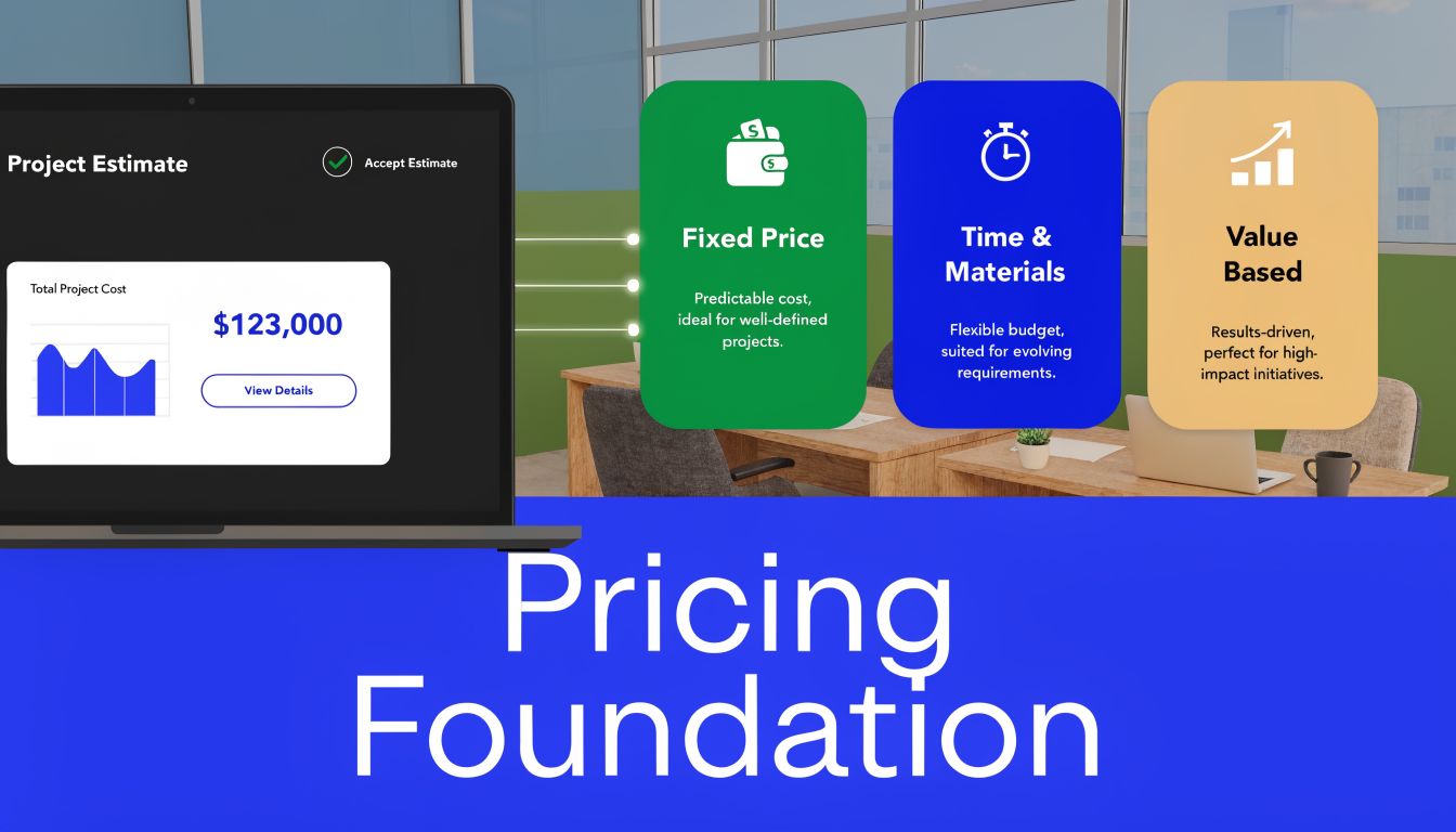 A digital graphic showcasing three project pricing models for software development: Fixed Price, Time and Materials, and Value Based.