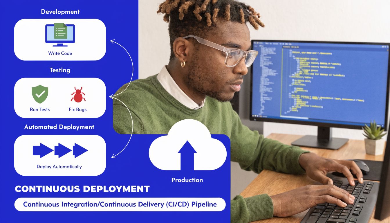 A person coding in front of a computer screen alongside a diagram showing the CI/CD pipeline process.