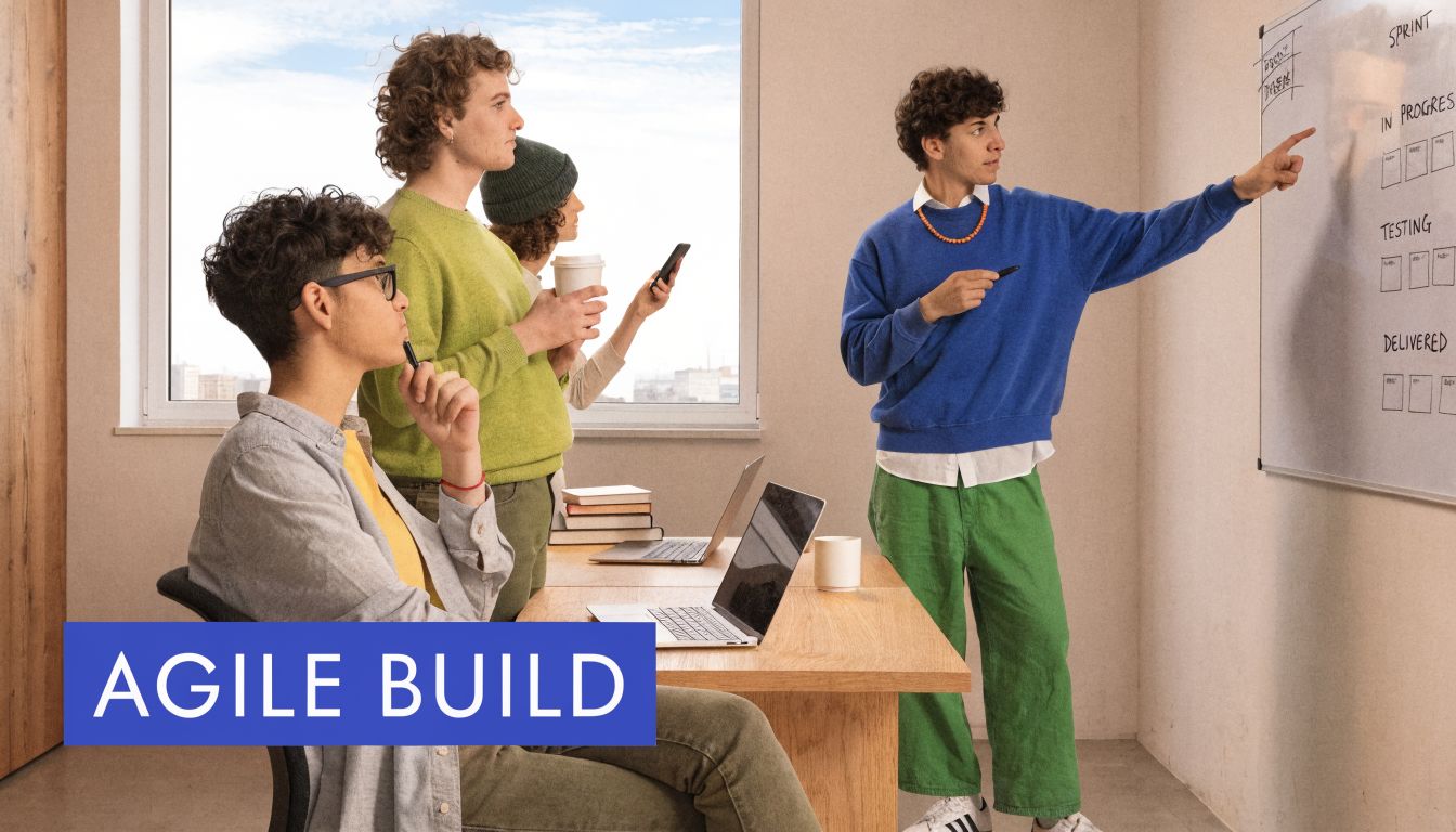 A diverse team of young professionals collaborates on an agile software development project in an office setting.