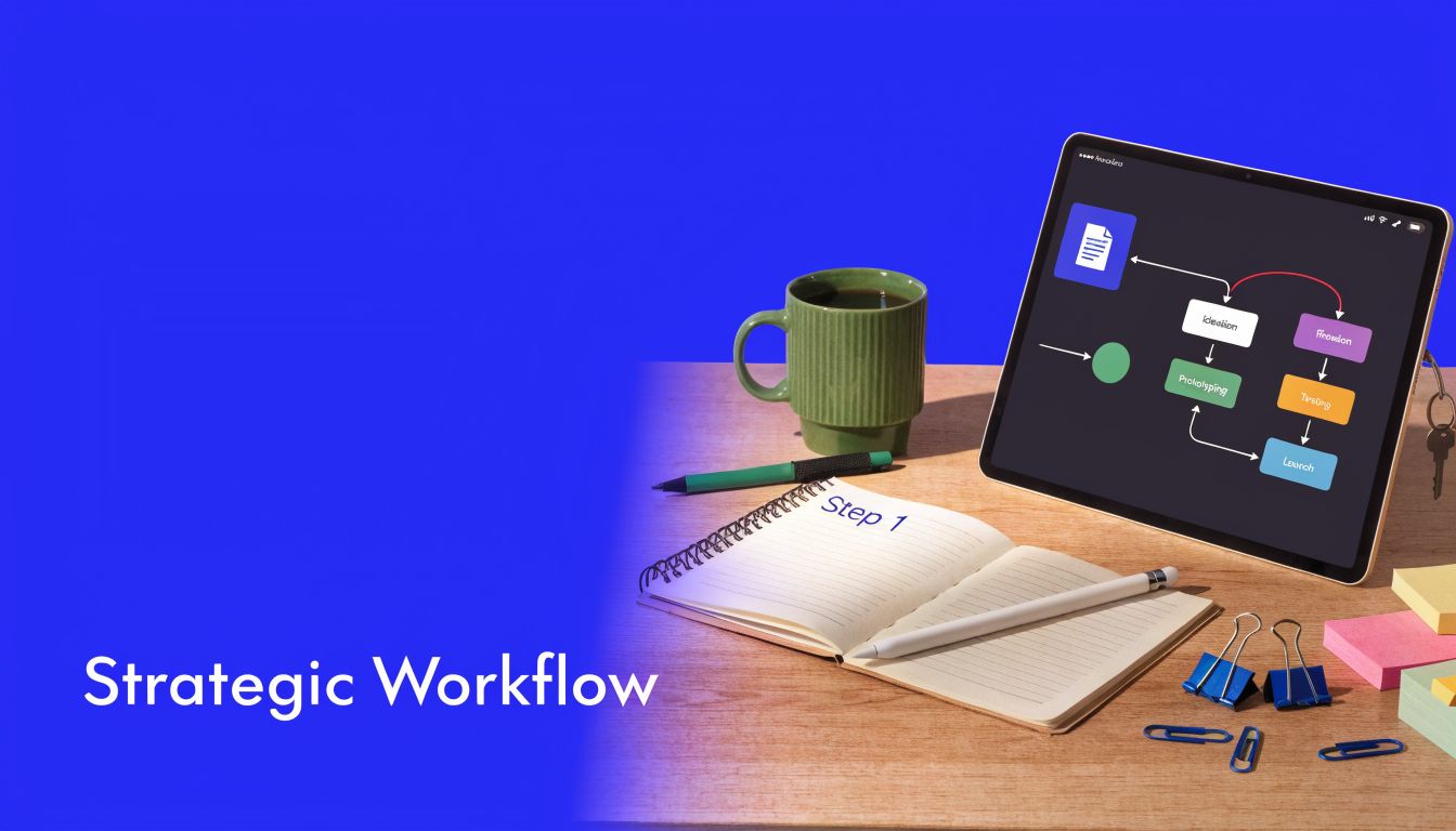 A tablet displaying a project workflow chart next to a notebook with the text Step 1.