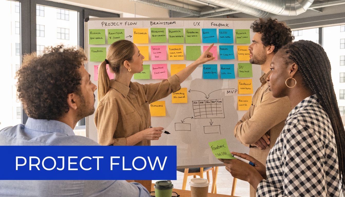 A diverse team of professionals collaboratively planning a project using sticky notes on a whiteboard in an office.