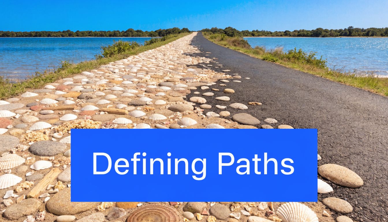 A pathway split between a natural shell and stone surface and smooth paved asphalt stretching forward.