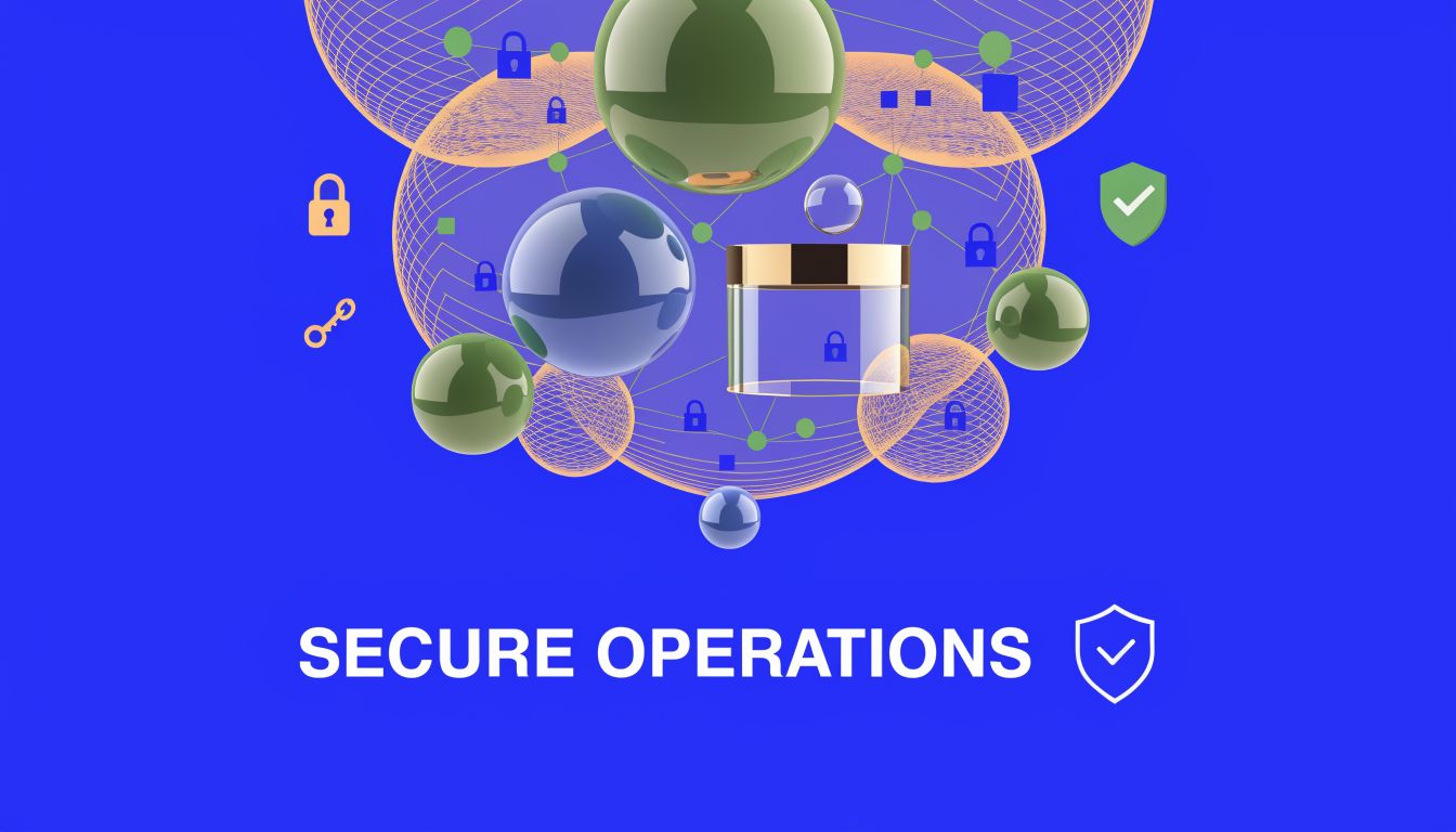 A digital graphic representing secure operations with floating spheres, security padlocks, and a central container icon.