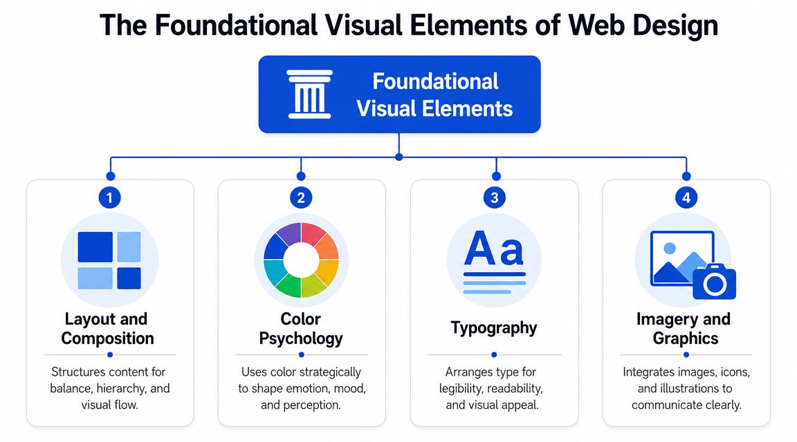 A diagram outlining the four foundational visual elements of web design: layout, color, typography, and imagery.