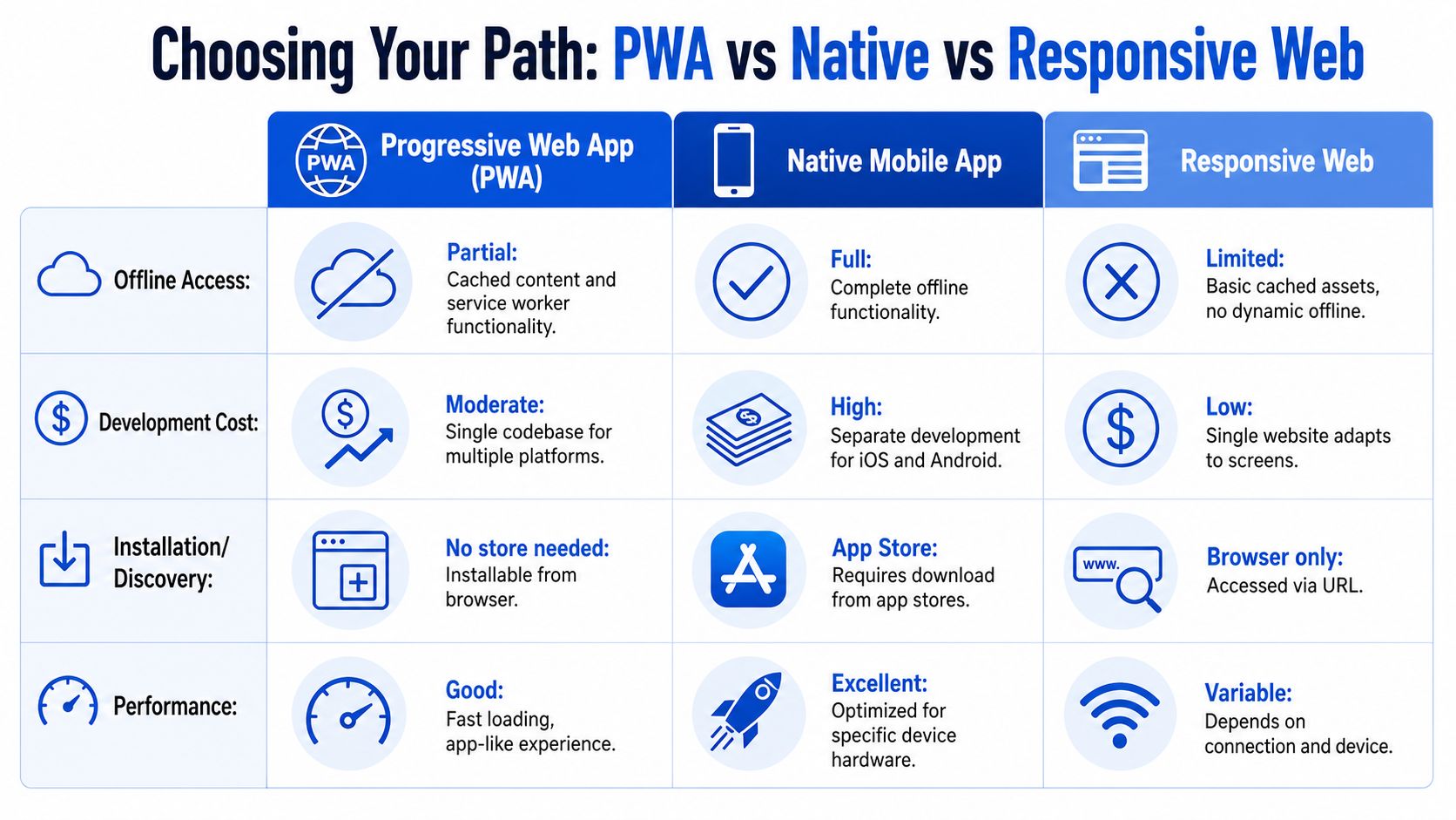 A comparison chart highlighting the key differences between Progressive Web Apps, Native Mobile Apps, and Responsive Web design.