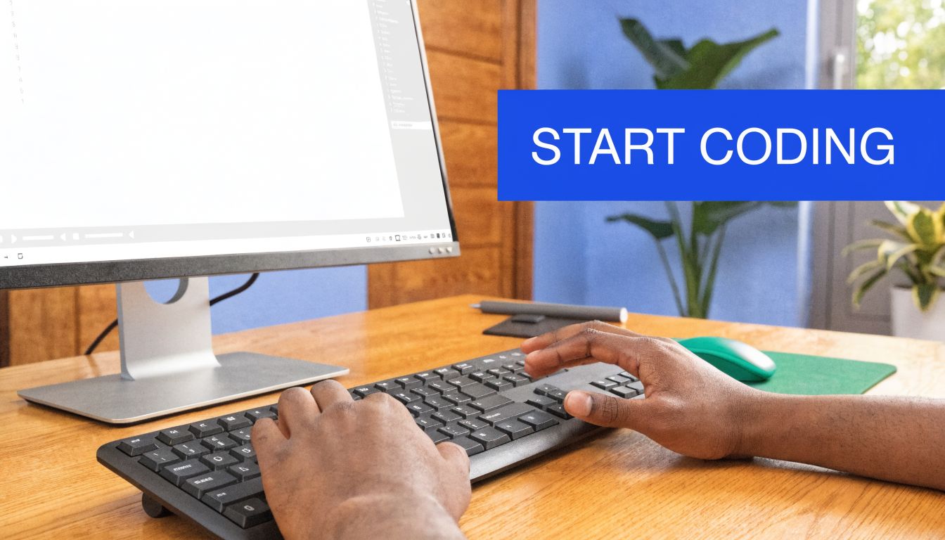 A developer typing on a keyboard at a desk with a blank computer screen in front.