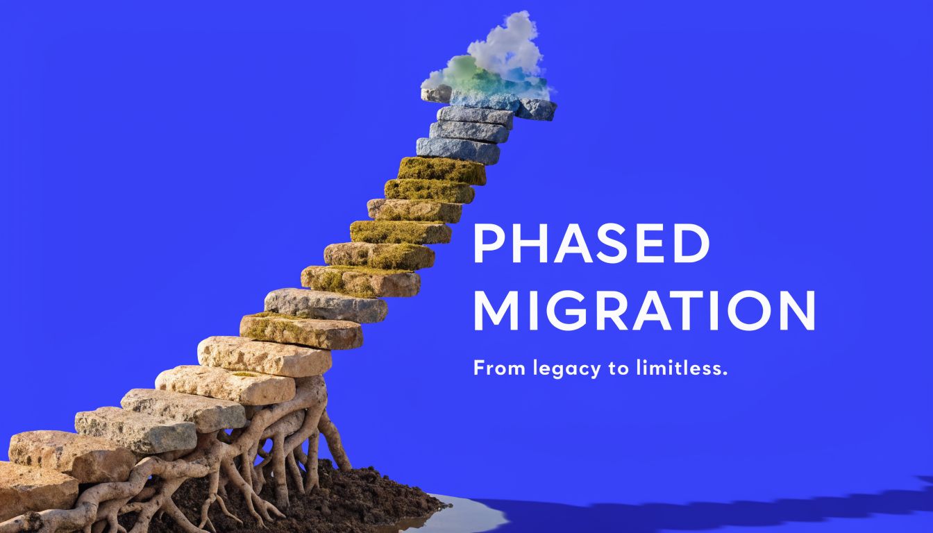 A staircase made of stone blocks rising from the ground into the sky, symbolizing a phased migration process.